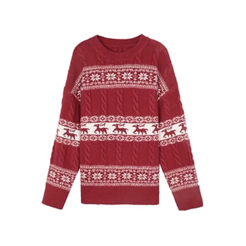 

Women's Long-sleeved Pullover Round Neck Christmas Snowflakes New Year Red Elk Sweater Fashionable Loose Top