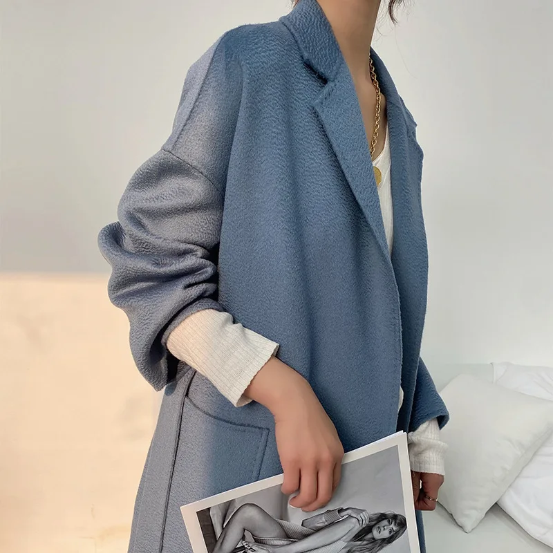 HKSH Herbst Winter Neue Frauen Doppelseitige Wolle Mantel drehen-unten Kragen Gürtel Vielseitig Elegante Trendy Ins Mid-länge Jacke HK13231