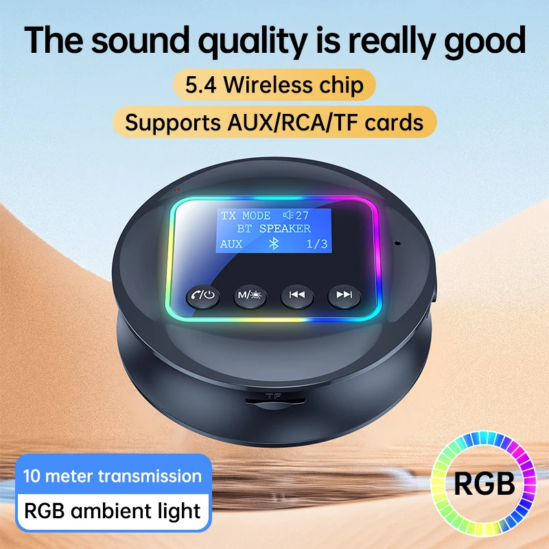 TF Card Play AUX RCA Bluetooth 5.4 Audio Transmitter Receiver LCD Display RGB Light Wireless Audio Adapter For Car TV PC Speaker