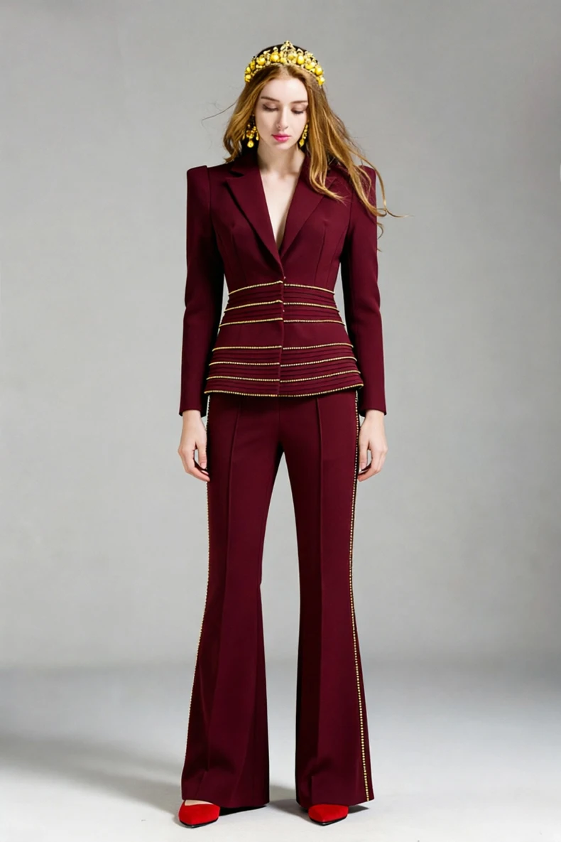 Women's Blazer & Pants Set Single Button Notched Lapel Long Sleeve Suit with Gold Stud Trim - Elegant Office Workwear Outfit