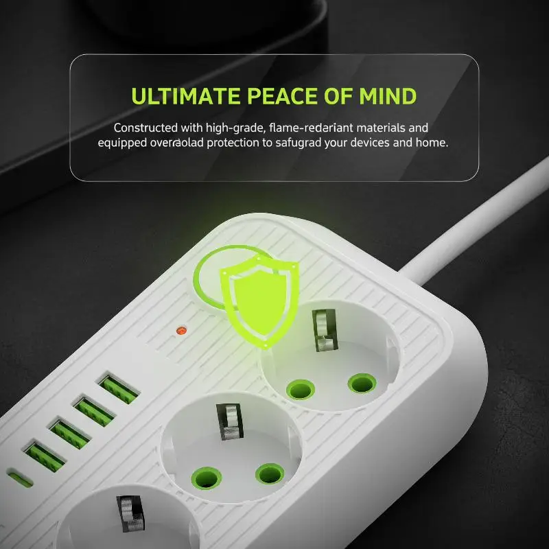 EU KR Plug Power Strip Socket 220V with USB Type-C Charging Ports for Home Office Travel Desktop Use