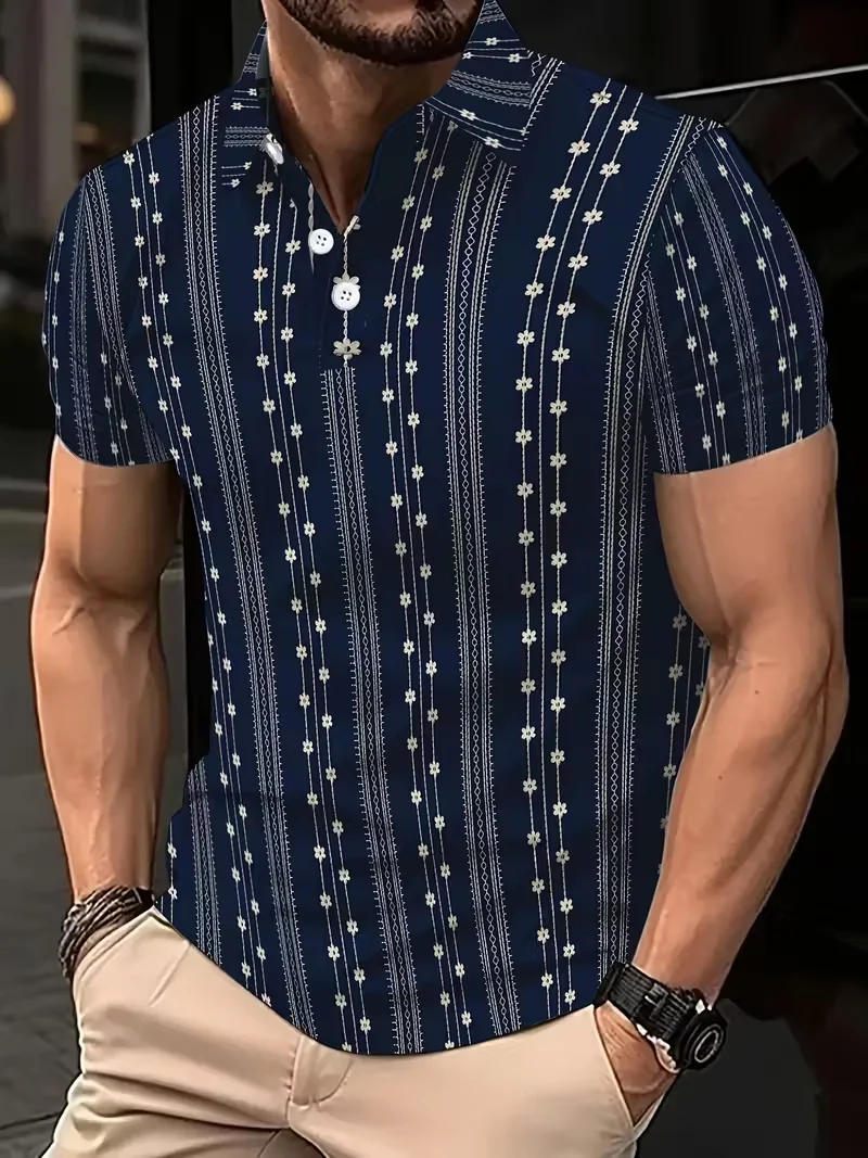 3D printed marble polo shirt men's abstract pattern short sleeved outdoor summer street lapel button top