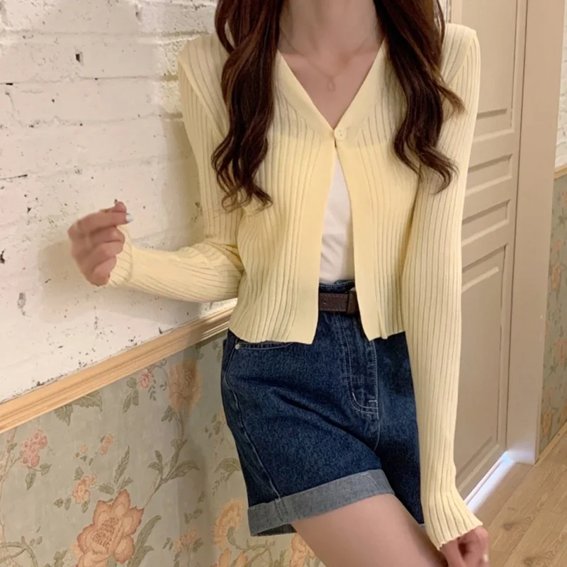 Women Korean Cardigan Long Sleeves V Neck Casual Knitted Button up Sun Protection