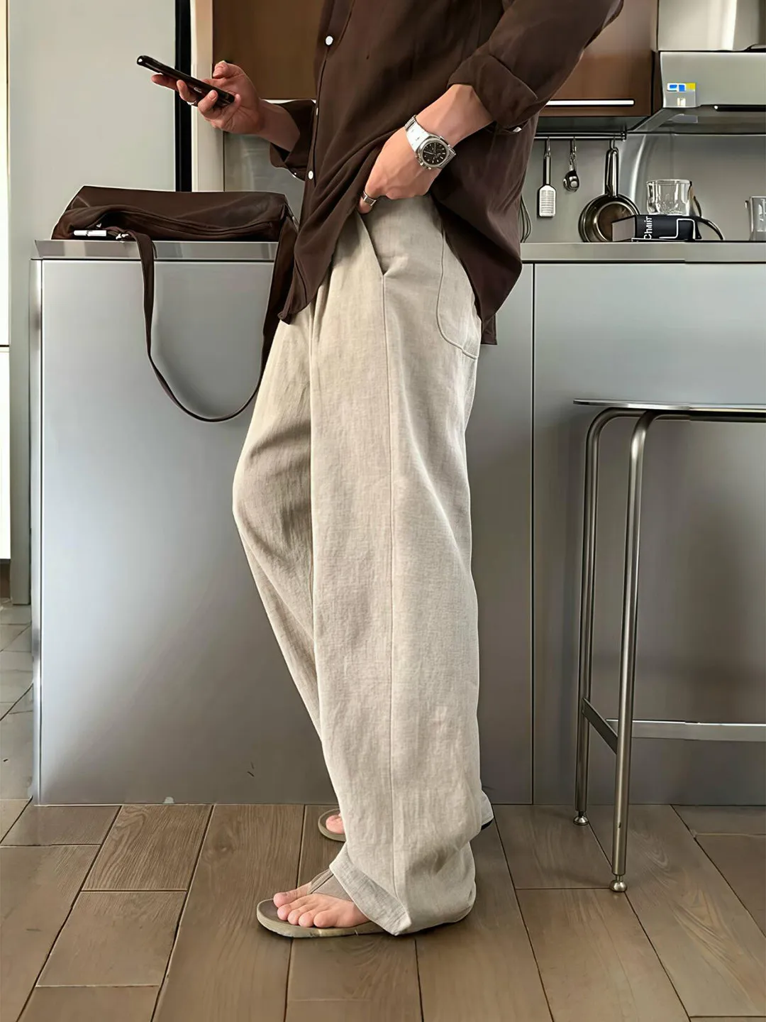 Lightweight Casual Cotton Linen Men's Summer Straight Leg Elastic Waist Pants Breathable Wide Leg Youth Fashion Straight Cut