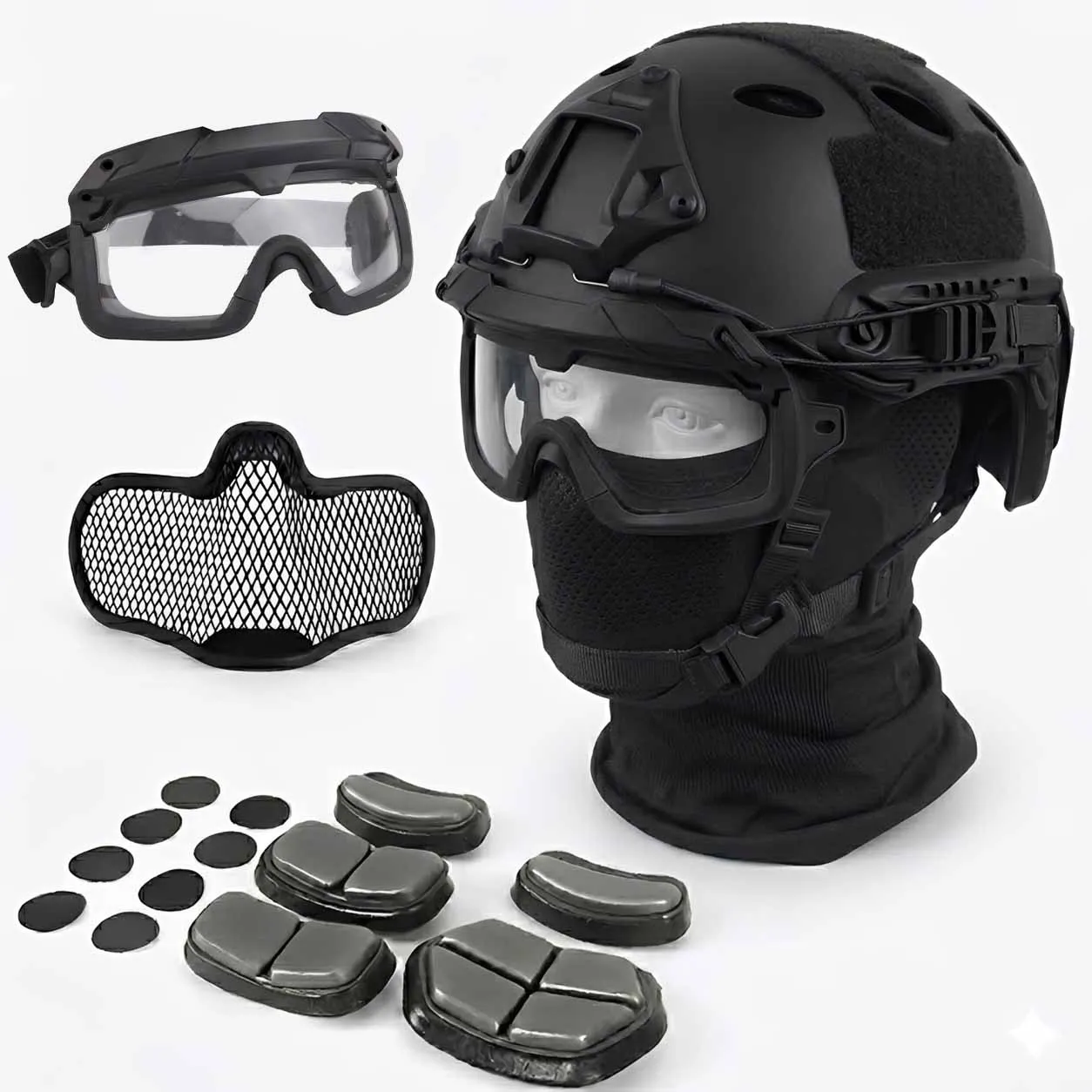 

PJ Tactical Helmet Set with Steel Mesh Mask Goggles Adjustable Protective Fast Helmet Airsoft Paintball Combat Gear Accessory