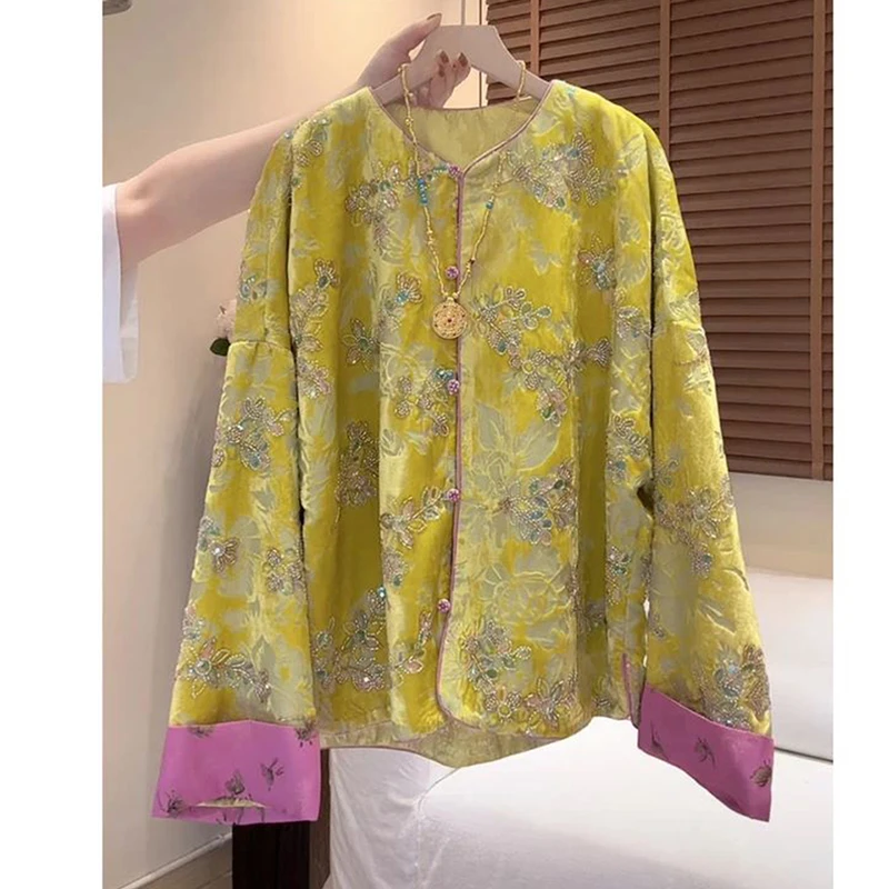 Autumn New O-Neck Contrastive Color Cuffs Chinese Style Handmade Button Silk+Velvet Sequin Beading Embroidery Women's Coat S-XL