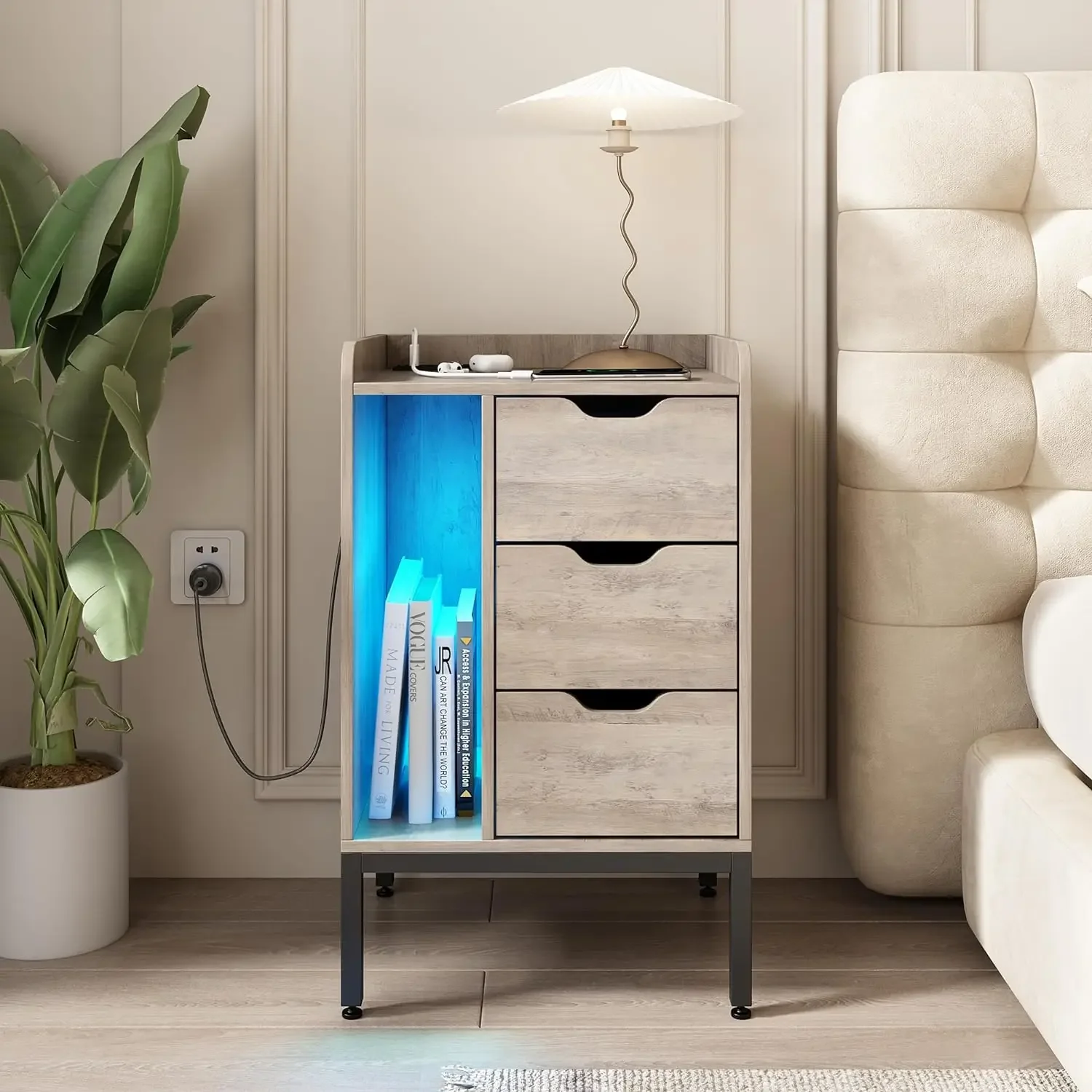 Nightstand Set com estação de carregamento e luzes LED, 3 gavetas, mesa lateral final para quartos, mesa de cabeceira de madeira, 1, 2