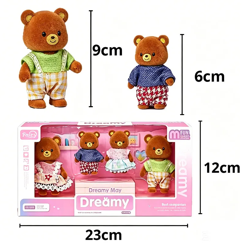 4Pcs Bear Family Doll Set Forest Animal Family Doll Random Outfit Styles Pretend Play Simulation Doll House Role-Play Toys