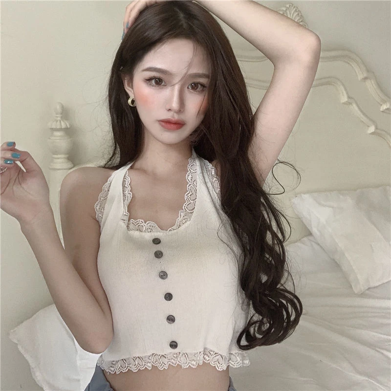 

Summer Hot Girls Halter Lace Patchwork Sleeveless Backless Slim Knitted Camisole