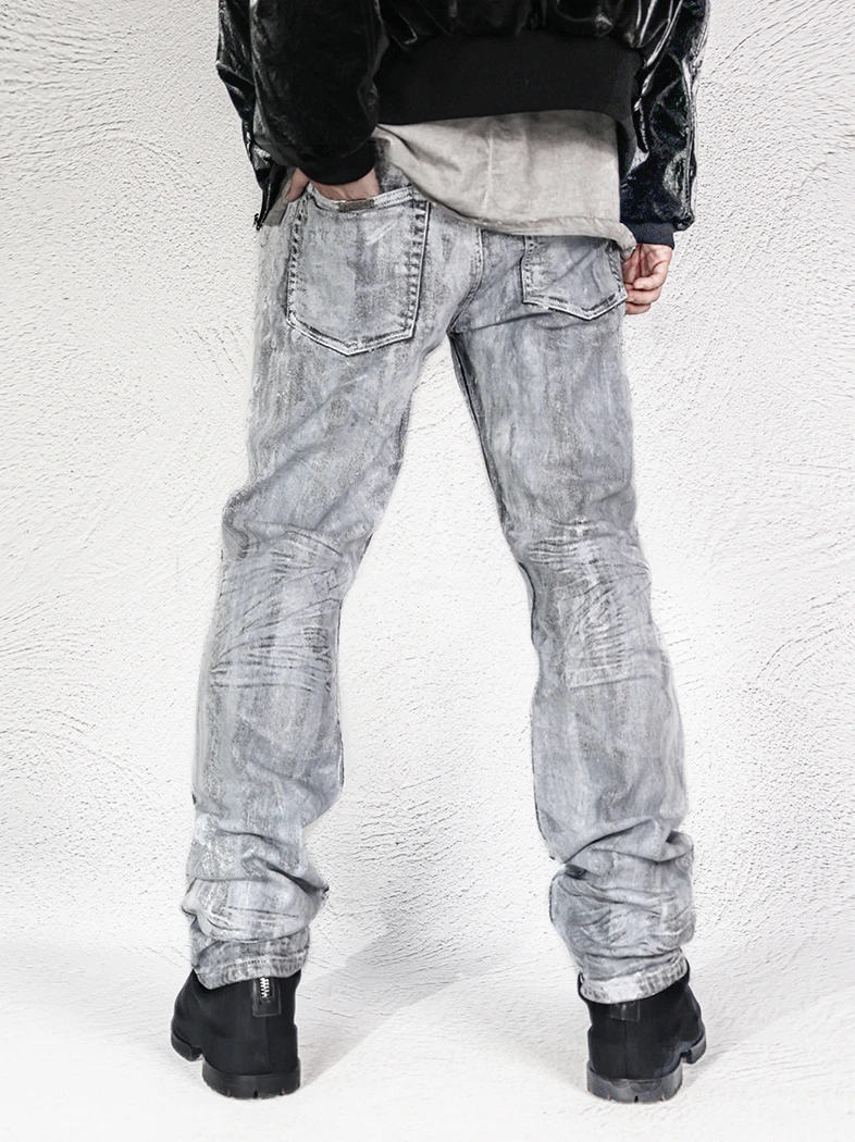 Splash-Ink Gray White Men's Do the Old Cowboy Pants Heavy-Duty Washed Stretch American Retro Overalls Fashion Punk Pants