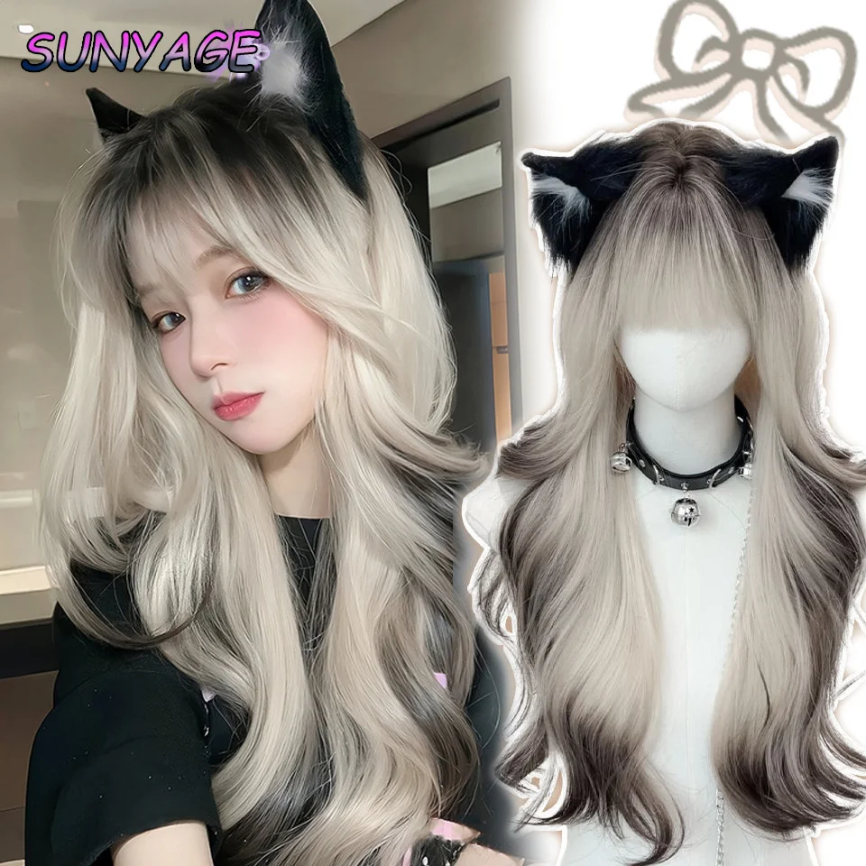 SUNYAGE Synthesis New Wig Female Long Hair Universal Black and White Gradient Wig Wavy curls Full Head Cover Wigs with Bangs