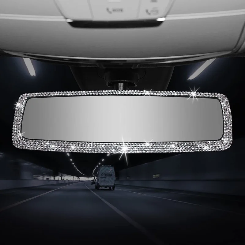 

Car Interior Rearview Mirror Decor Rhinestone Crystal Diamond Ornament Rear View Mirror Cover Bling Car Accessories for Women