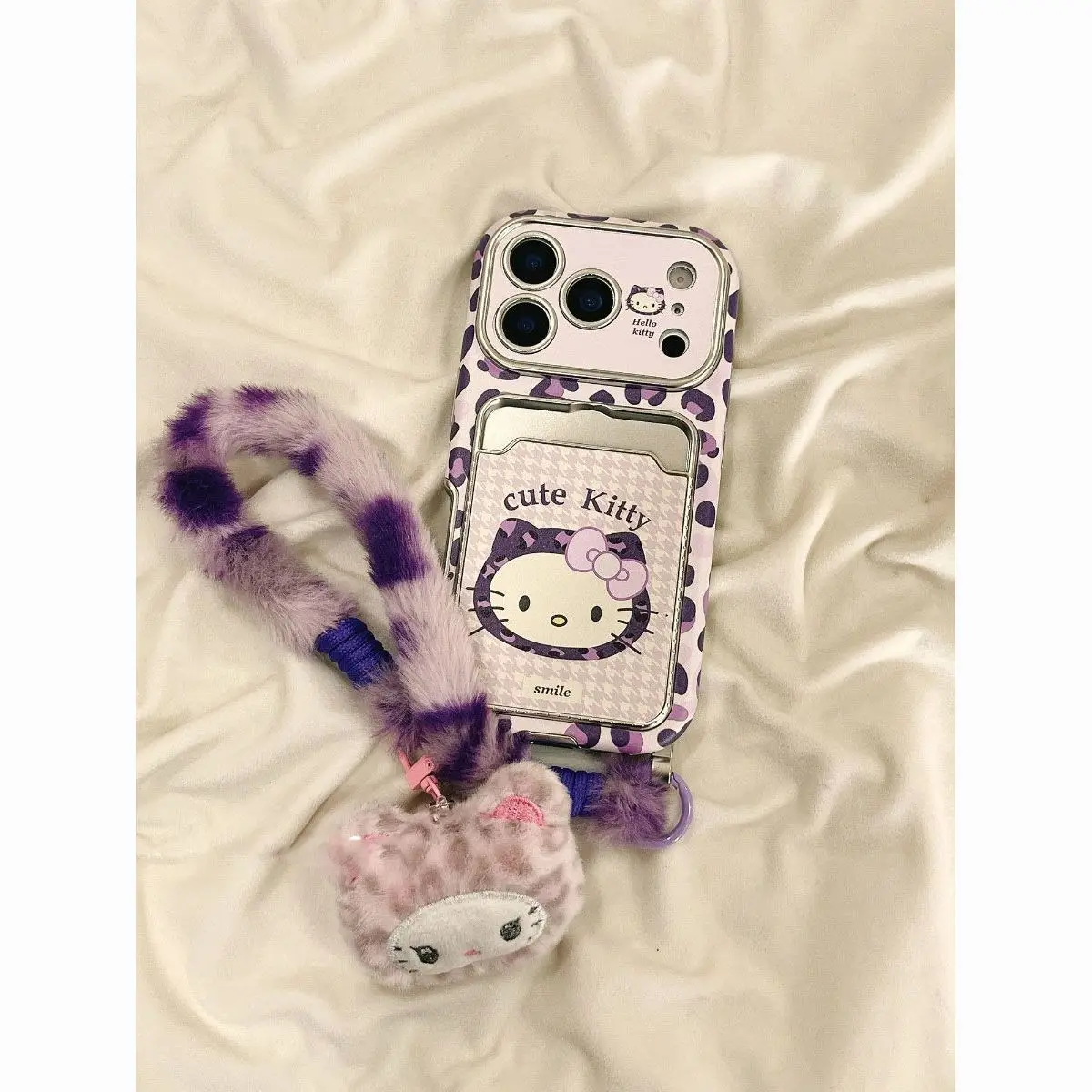 

Новый фиолетовый чехол для телефона Hello Kitty с леопардовым принтом подходит для Apple 17 Pro, чехол для iPhone 16/15 Pro, кожаная сумка для карт 14/13