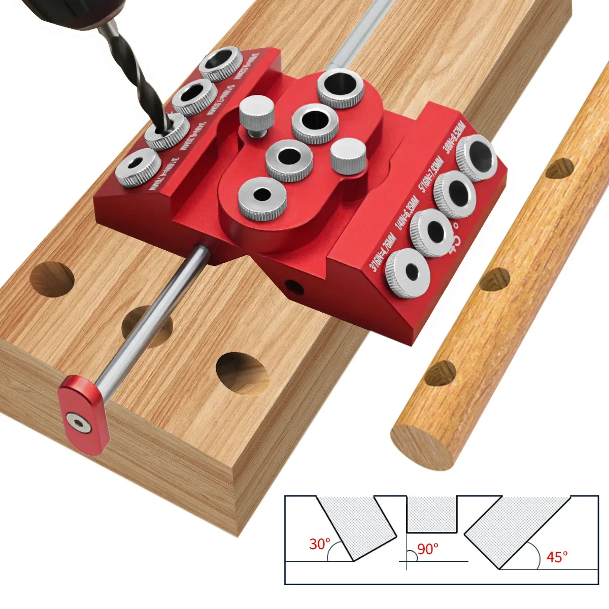 Guida per trapano ad angolo con grado in lega da 30/45/90 gradi 4 dimensioni Jig di guida per fori di perforazione per corrimano per scale/ringhiera per cavi/ponte/palo in legno