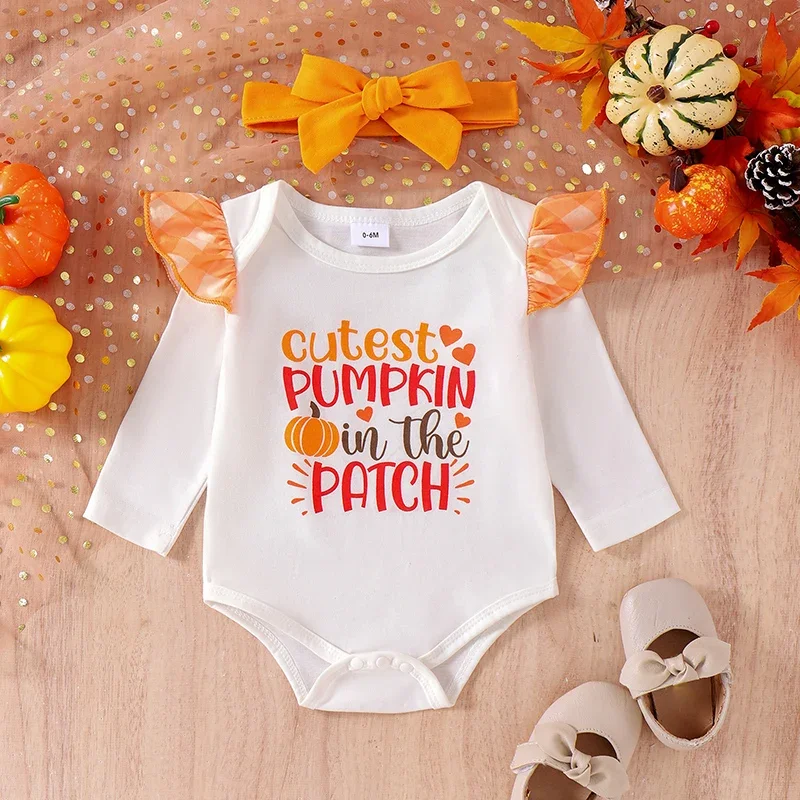 Baby Girls Halloween Outfits Letter Print Long Sleeves Romper and Plaid Suspenders Flared Pants Headband Set