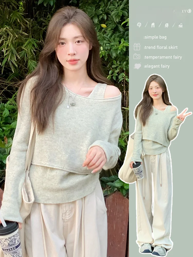 Long sleeve Short Top Women Early Spring Clothes 2024 New Milk Series Unique Chic Sweater Base Knit Two-piece Set