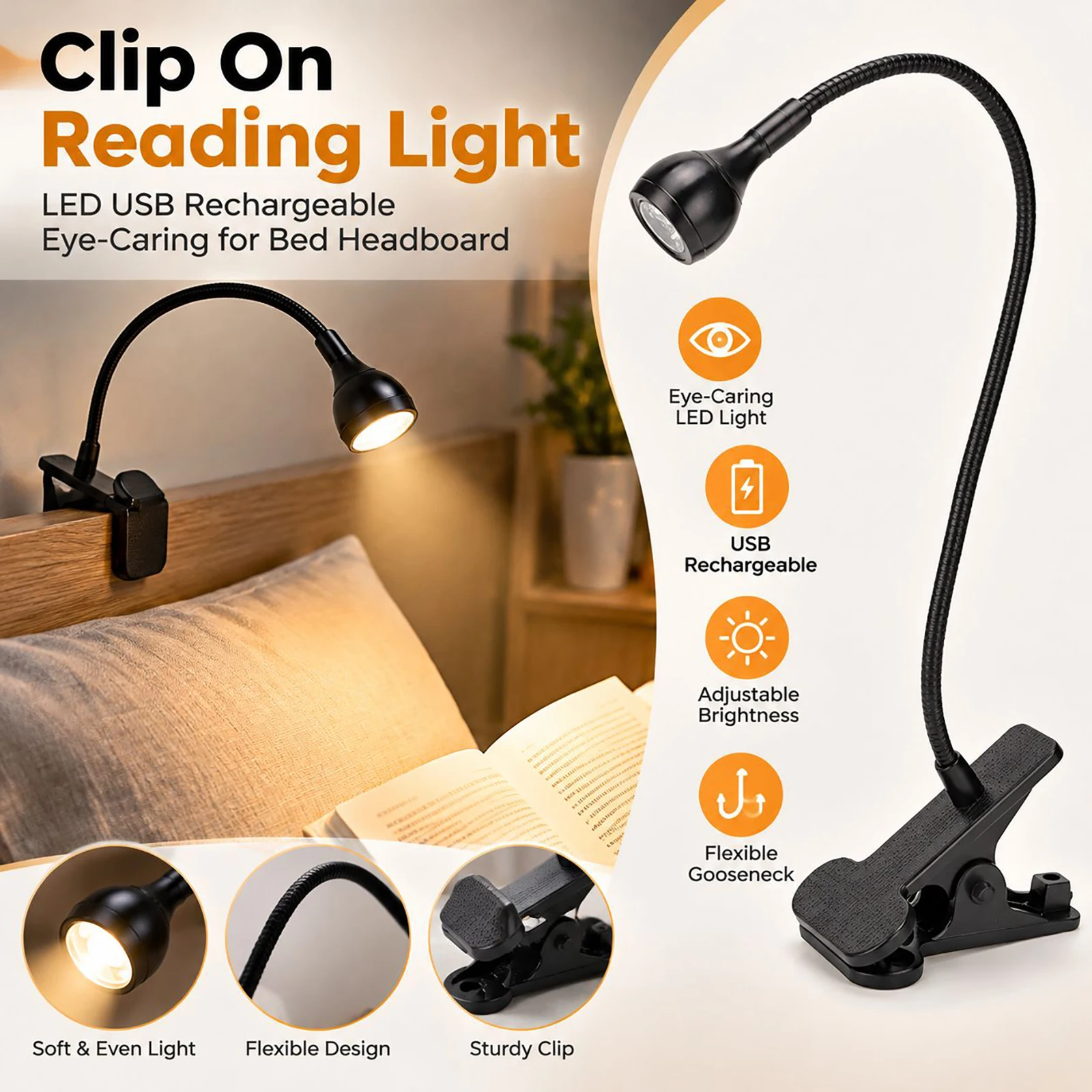 Clip On Reading Light LED USB Rechargeable Eye-Caring for Bed Headboard