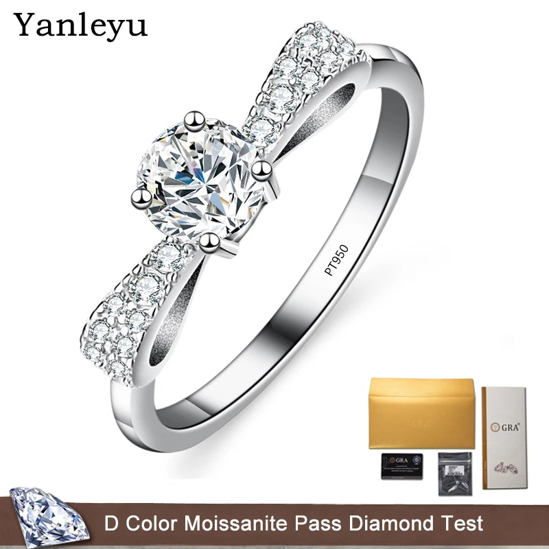 

Yanleyu Original Solid PT950 Platinum Bowknot Jewelry Ring 0.5CT Round Cut Moissanite Diamond Enagegement Rings for Women