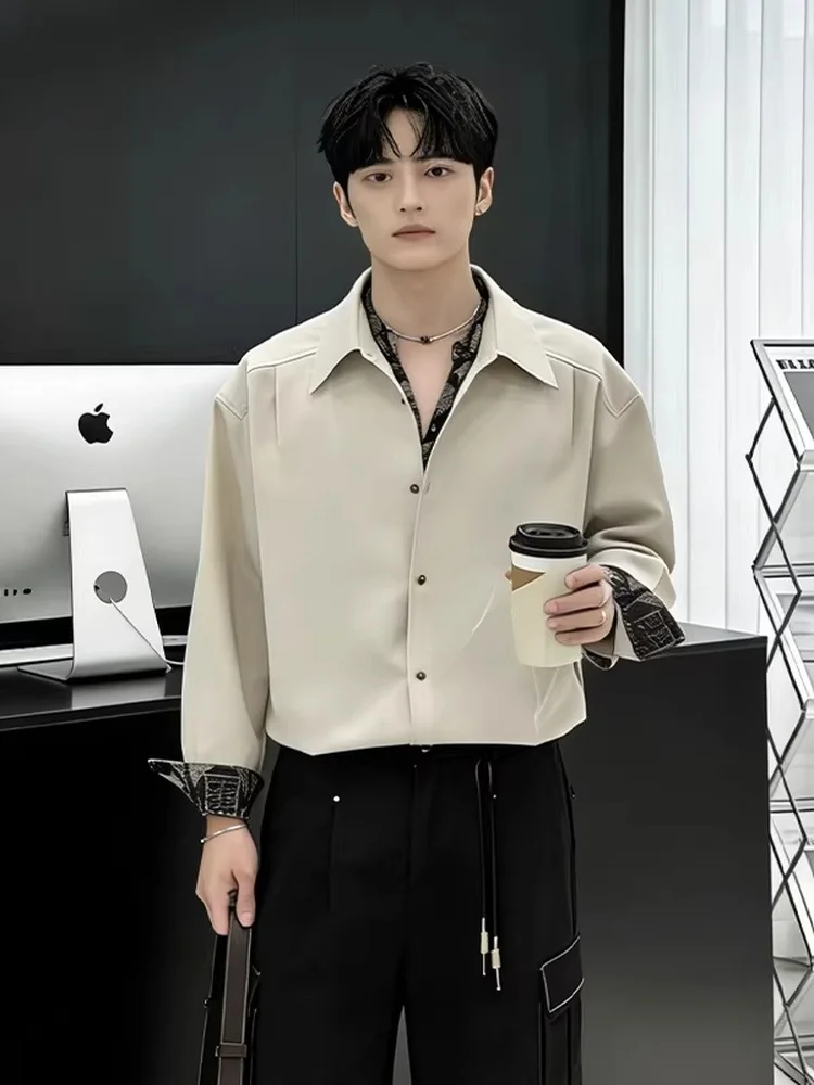 

Мужская рубашка цвета хаки с длинным рукавом, весенняя, с дизайнерскими вставками, стильная, с цветочным принтом, имитация двухслойности, повседневная, модная