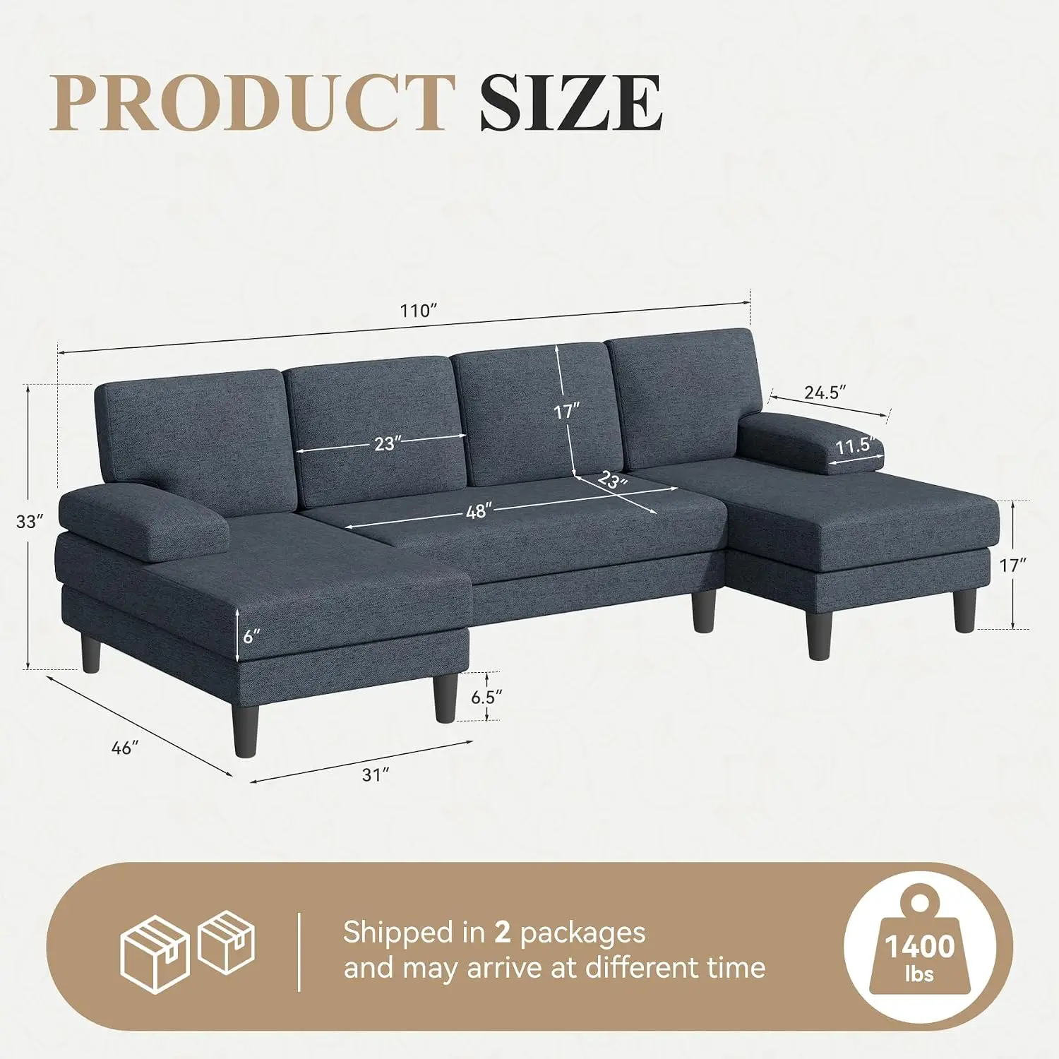 U-Shaped Sectional Sofa With Double Chaise, Modern Modular Lounge Sleeper For Living Room Apartment, 110