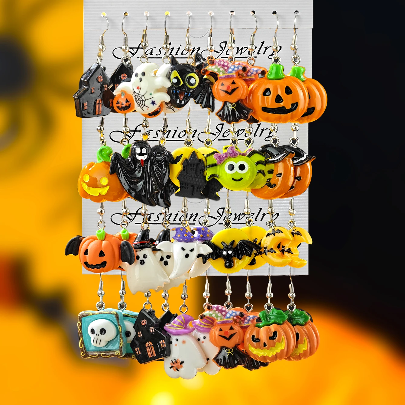 10pcs Cross border New Halloween Gothic Ghost Face Pumpkin Ghost Black Cat Bat Witch Hat Resin Pendant Earrings Set