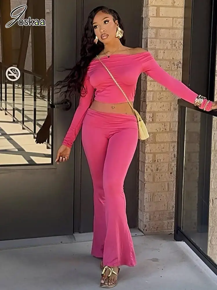 

Joskaa 2025 Autumn Women's Sporty Two Piece Set Casual Off Shoulder Long Sleeve Crop Top and Flared Pants Matching Tracksuits