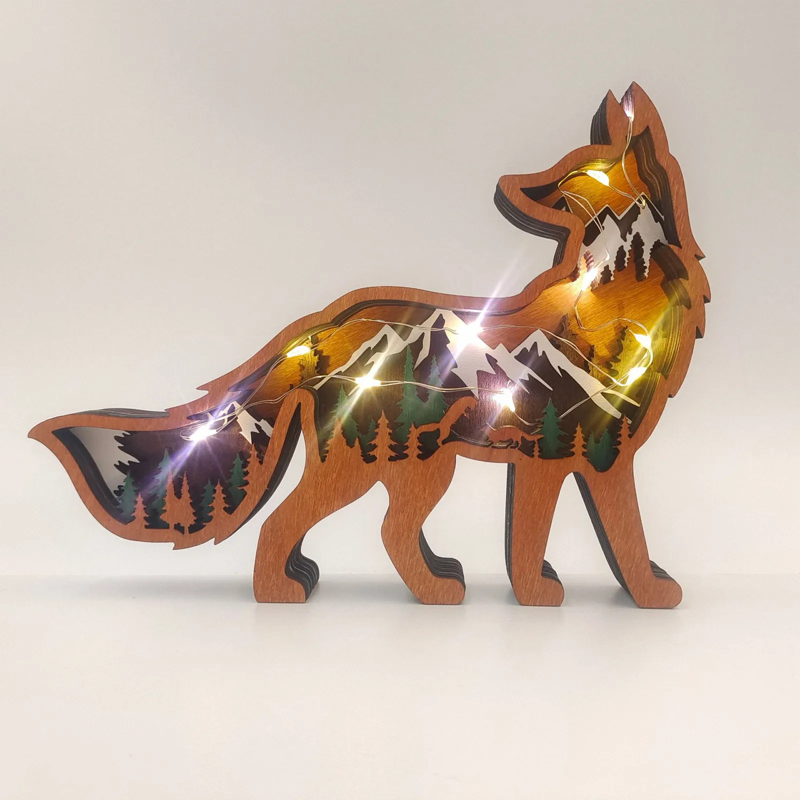 3d Hollow Home Fox Snow Mountain Pattern Decoration Wooden Ornament With Light Desktop Decorations Christmas Family Friends Gift