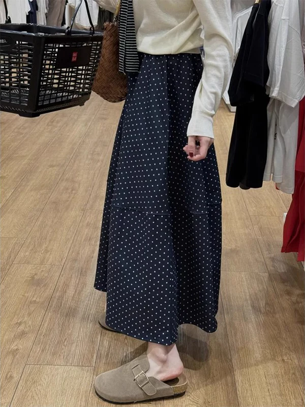 Blue Polka Dot Maxi A-Line Skirt Women's Spring Summer New High Waist Thin Large Size Cover Hip Slimming Skirt
