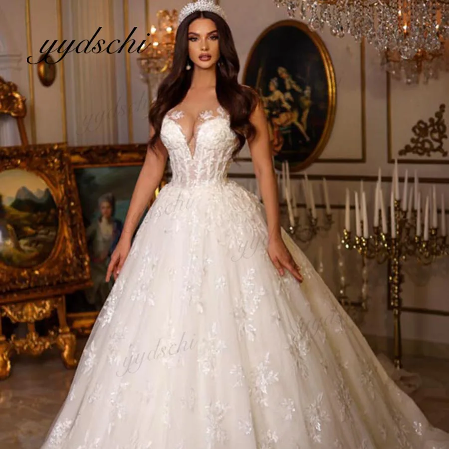 

Shiny Exquisite Deep V-Neck Ball Gown Sleeveless Wedding Dress Lace Sparkly Tulle Appliques 2023 Sexy Bridal Dress For Women