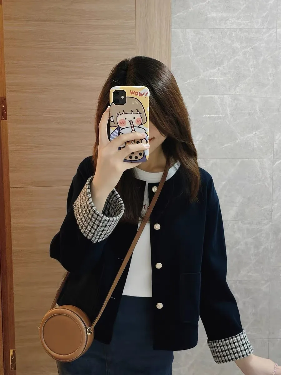 

Женское синее вельветовое пальто в клетку в стиле ретро в стиле пэчворк, весенне-осеннее пальто Faion Ele Color Blo Design Long Sve