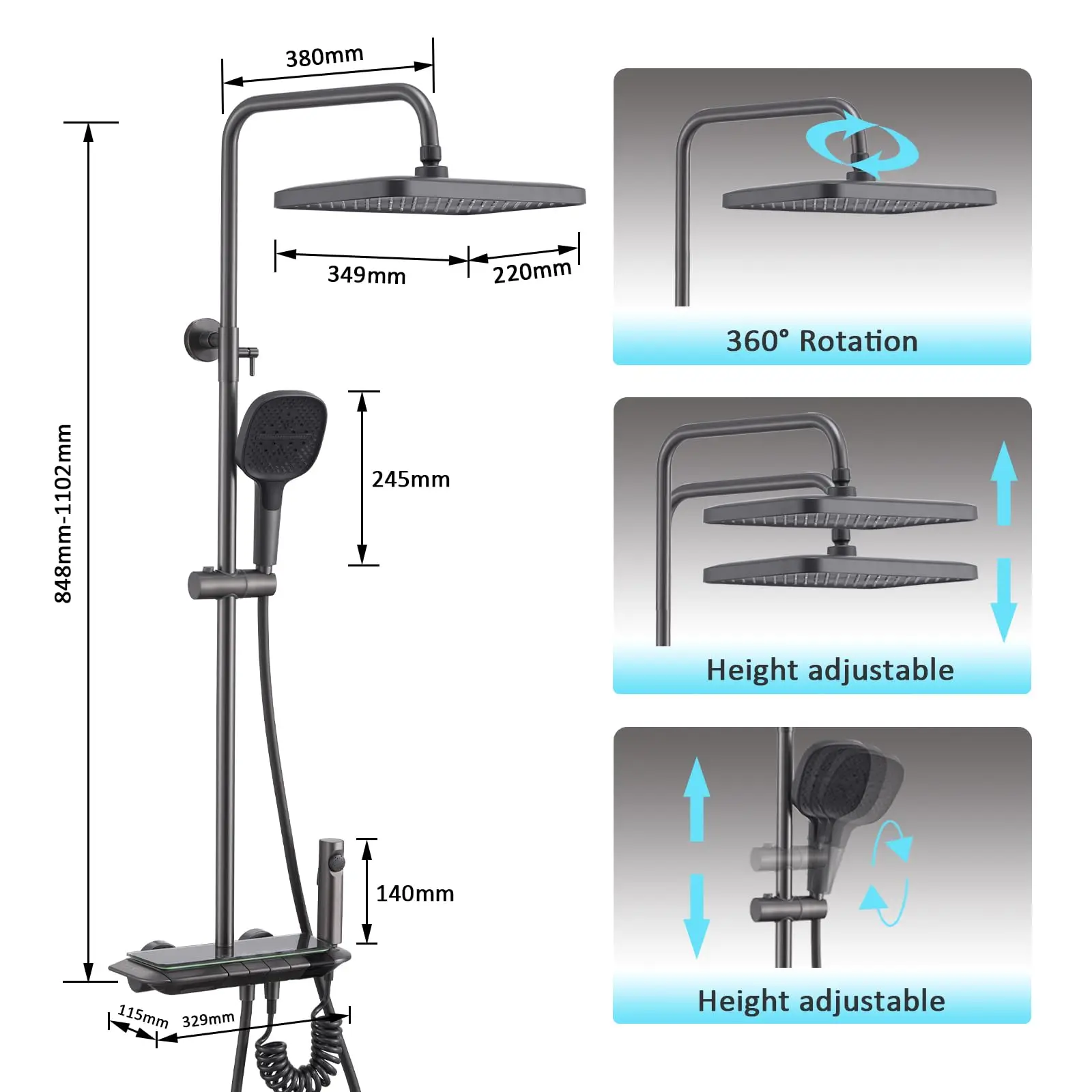 Sistema de ducha de baño de lluvia con pantalla Digital LED inteligente, juego de ducha termostática montado en la pared de latón gris con pistola