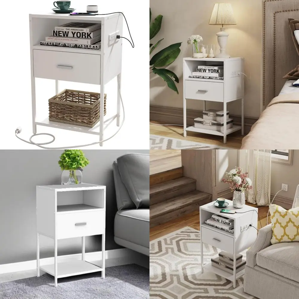 

Современная прикроватная тумбочка для зарядной станции, приставной столик для хранения ящиков, белый столик с открытой полкой для спальни