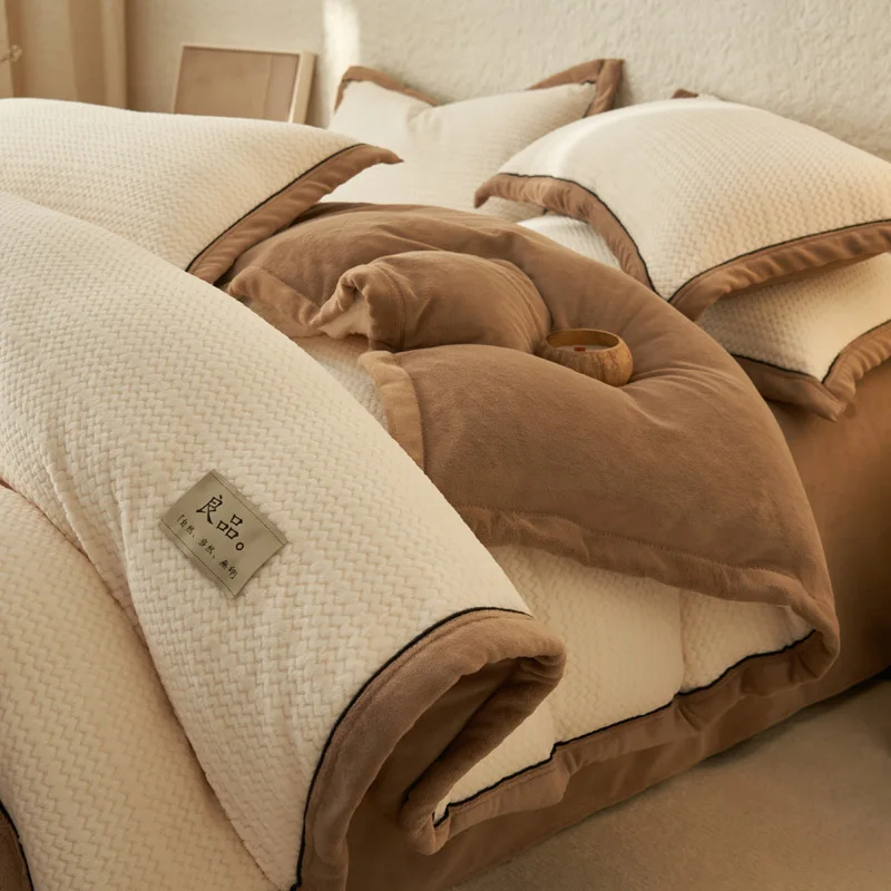 Simple Winter Warm Bedding Set,Flannel AB Side Duvet Cover Pillowcase, Fleece Flat/Fitted Sheet,Twin Queen King Drop Shipping