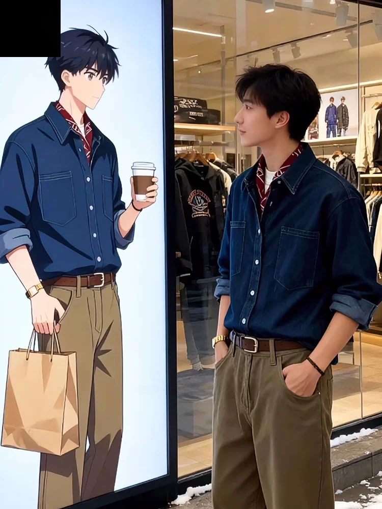 

Retro American Deep Blue Denim irt Men's Long Sve Inner Wear Layering Outerwear Sli Commute Spring Autumn Polyester ...