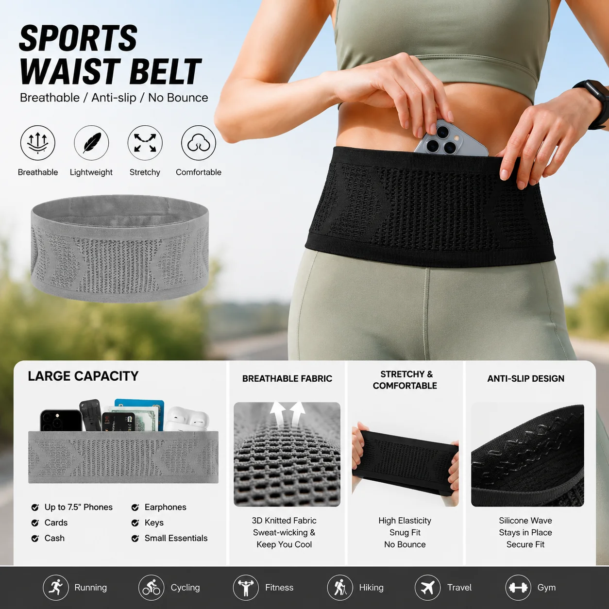 Anti Slip Wear Resistant Sports Waist Bag Large Capacity Multi Pocket Portable Pack Men Women Daily Sports Use