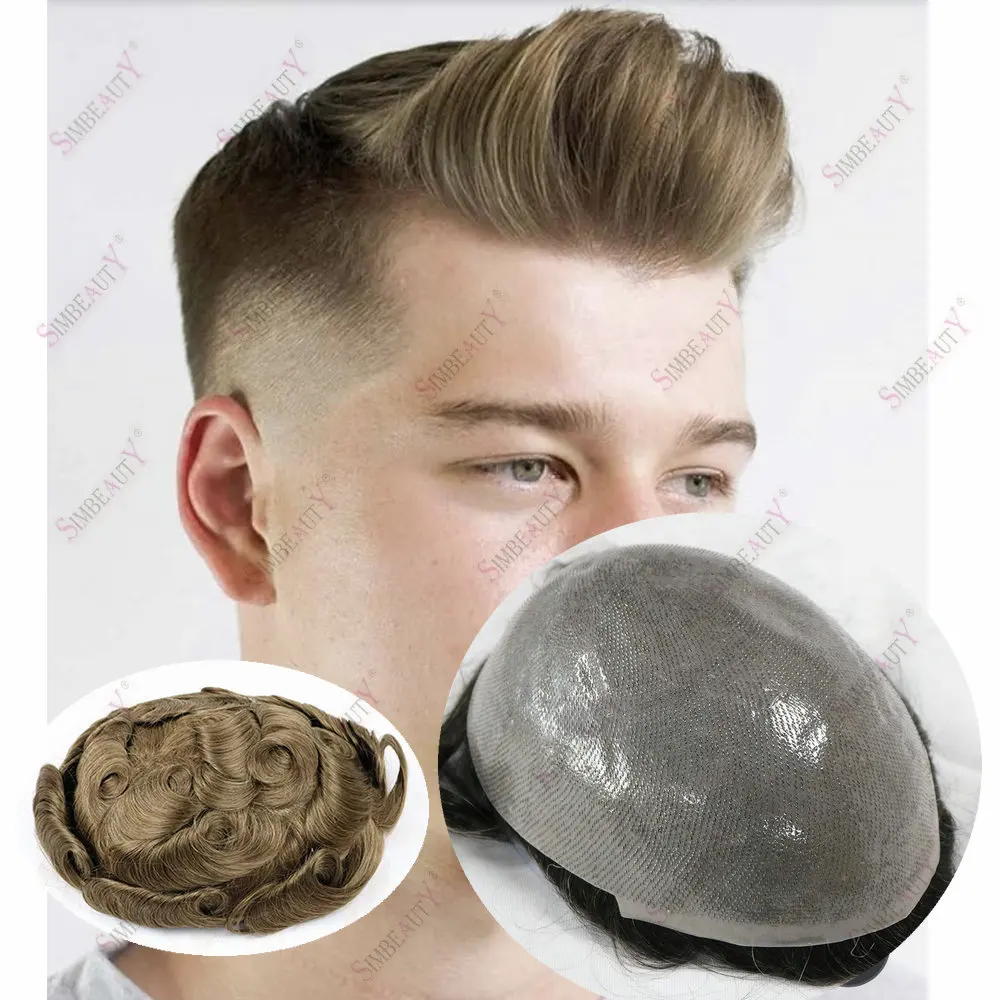 Rambut Eropa tahan lama Microskln PU 0.06-0.08MM Vloop Remy rambut manusia Toupee untuk pria tanpa detail sistem rambut kapiler Prosthesi