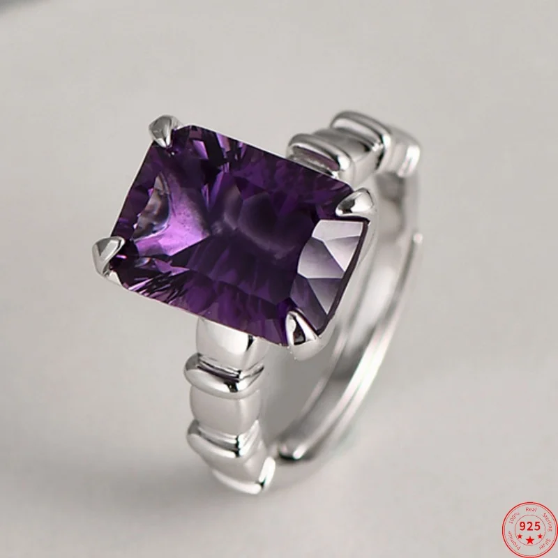 

S925 Sterling Silver Rings for Women New Fashion Simple Totem Inlaid Square Amethyst Yellow Crystal Punk Jewelry Free Shipping