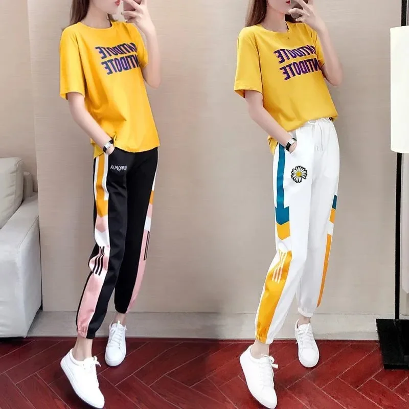 2024 Female Short Sleeved Pant Set Korean Ladies Fashion Loose Two Piece Set Spring Summer Women Trend Leisure Motion Outfit