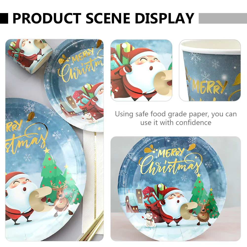 

20 Pcs Christmas Cutlery Set Thickened Wood Sturdy Disposable Plates Trays Dessert Dish Water Cup Party Supplies Home Hotel