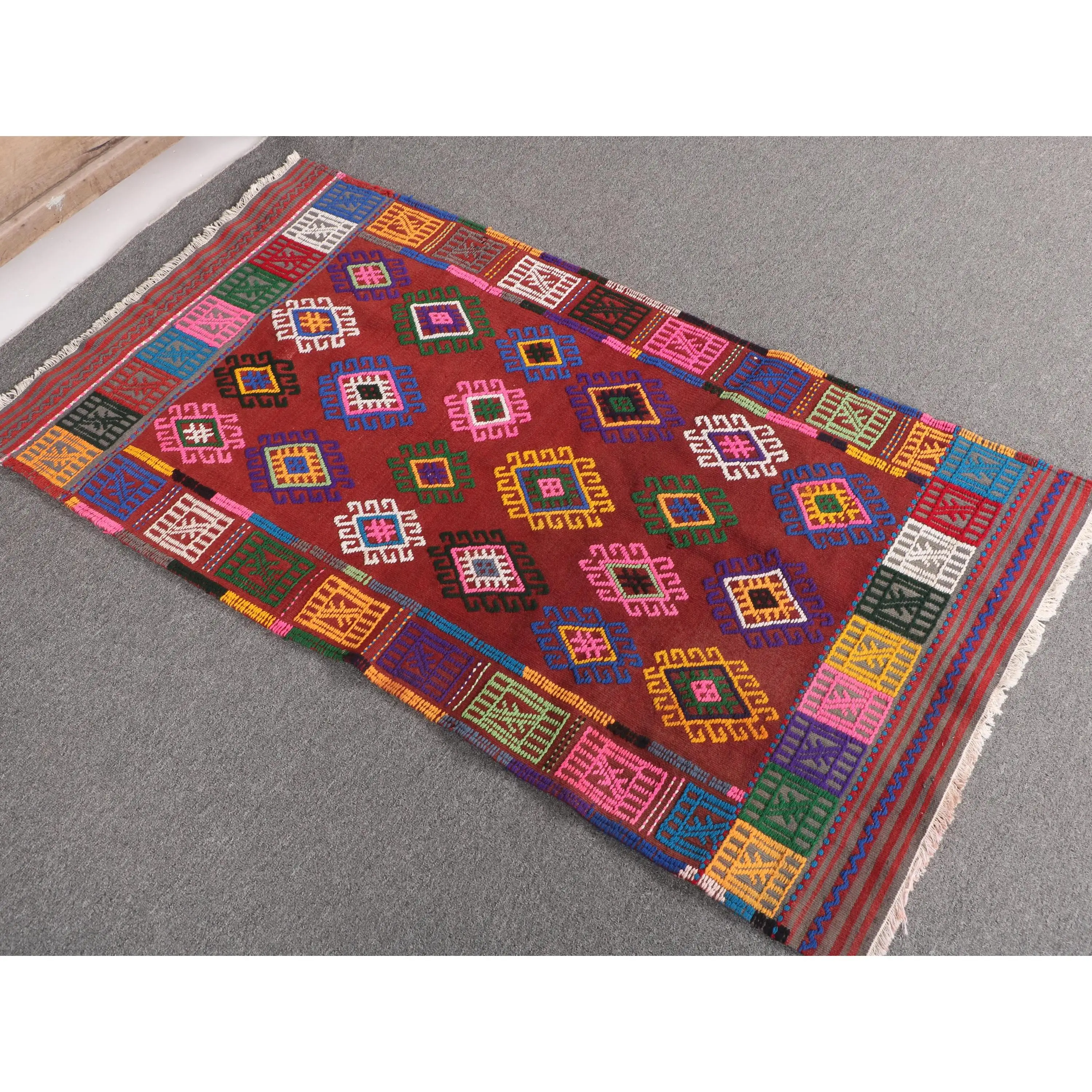 Alfombra Turca Vintage Pequeña de 2.4x4.4 pies, Alfombra de Lana Roja Estilo Suroeste