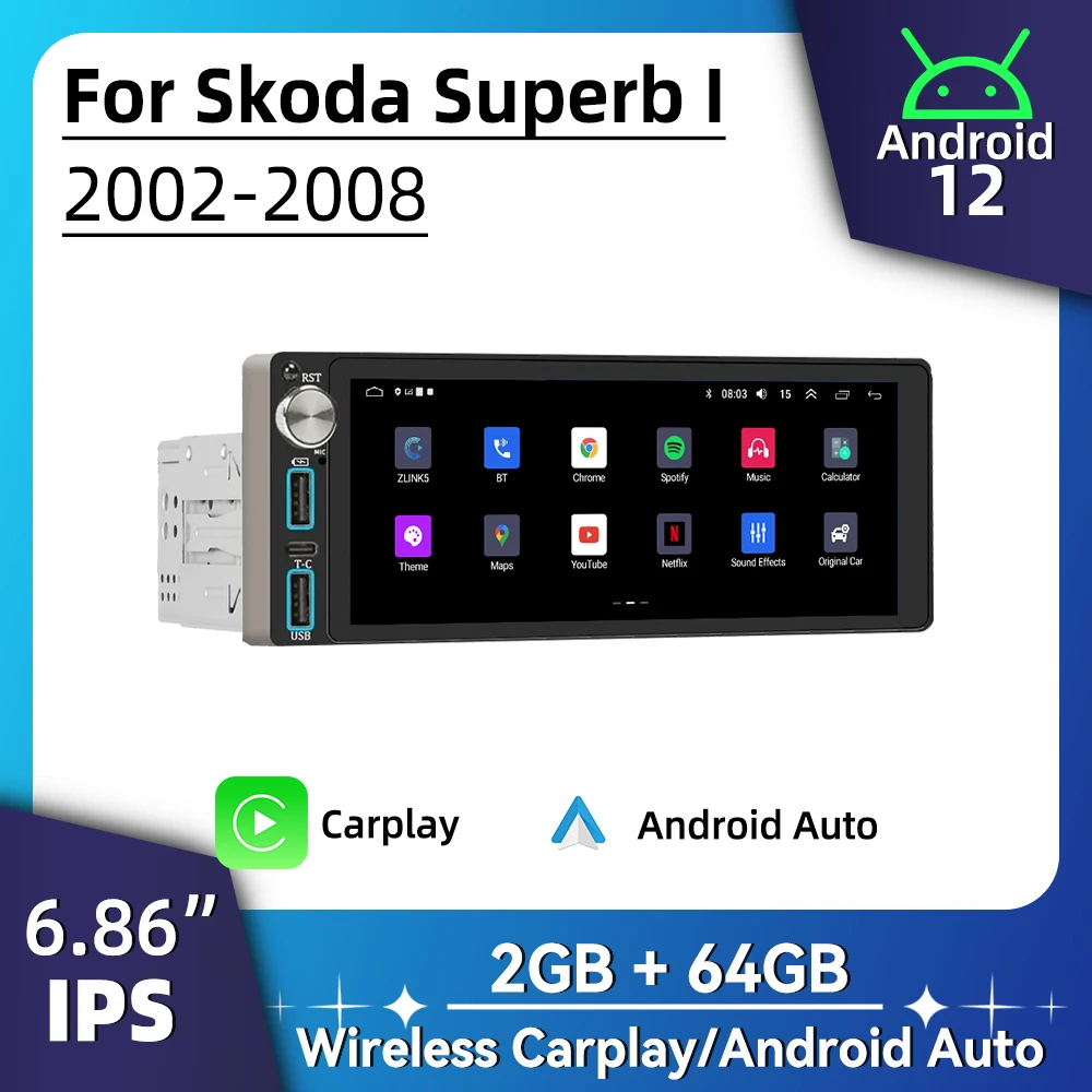 

Авторадио Carplay Android Автомобильный мультимедиа для Skoda Superb 1 I 2002-2008 6,86 "Экран 1 Din Радио Стерео головное устройство GPS-навигация