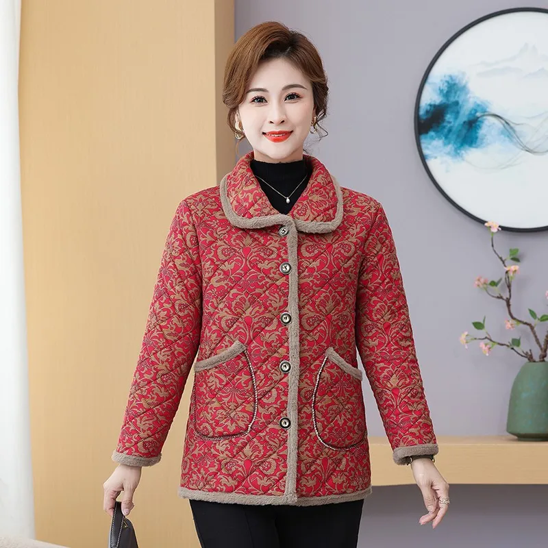 Middle-Aged And Elderly Women's Fleece Jacket Women Floral Cotton Coat Middle-Aged And Elderly Mothers Thick Winter Outerwear