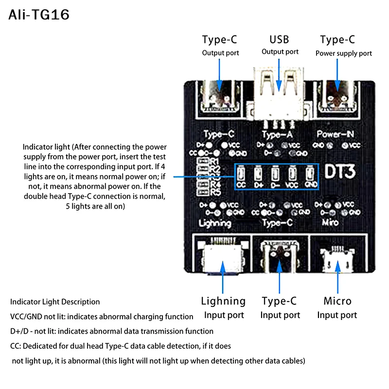 【A16h】DT3 Data Cable Detection Board USB Tester For Type-C Micro USB C Short Circuit On-Off Switching Diagnose Test Board Tool