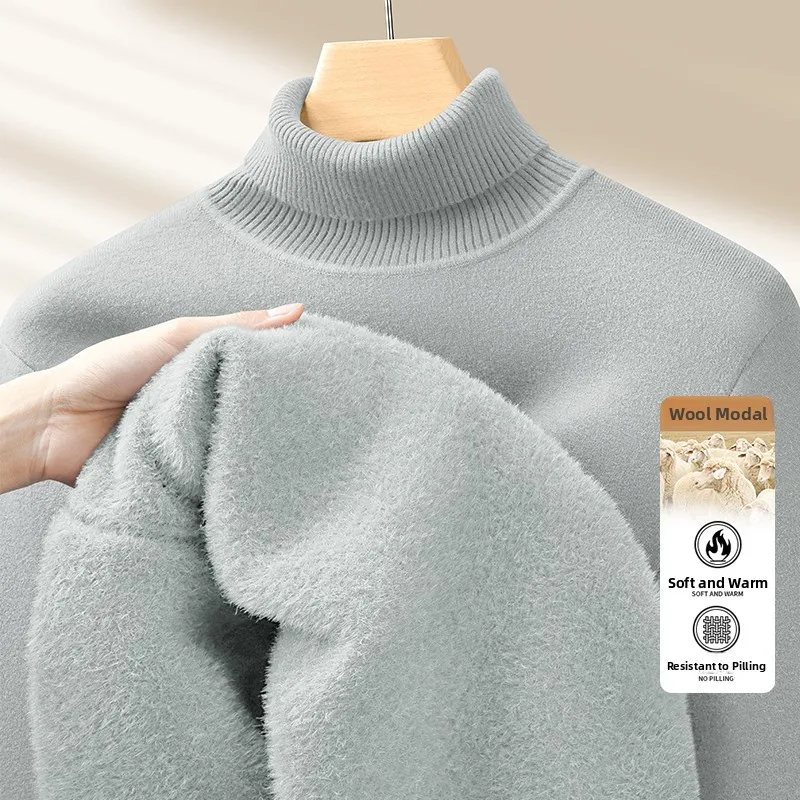 

Men's High Collar Fce Lined Thiened Wool Modal Knitted Sweater Warm Inner Wear Casual Straight Fit Long Sve Winter New