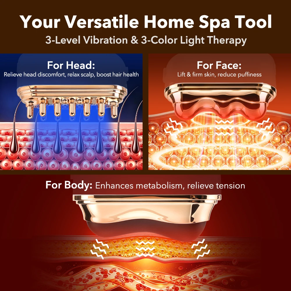 3-in-1 Electric Heated Facial & Body Massager with Vibration & LED Light, Scalp Massage Comb, Stone Head, Portable USB