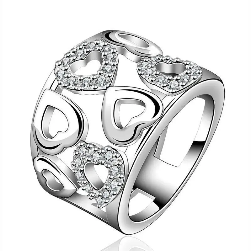 

925 Sterling Silver Color Jewelry Fashion Women Sparkling Crystal Openwork Oversensitive Ring