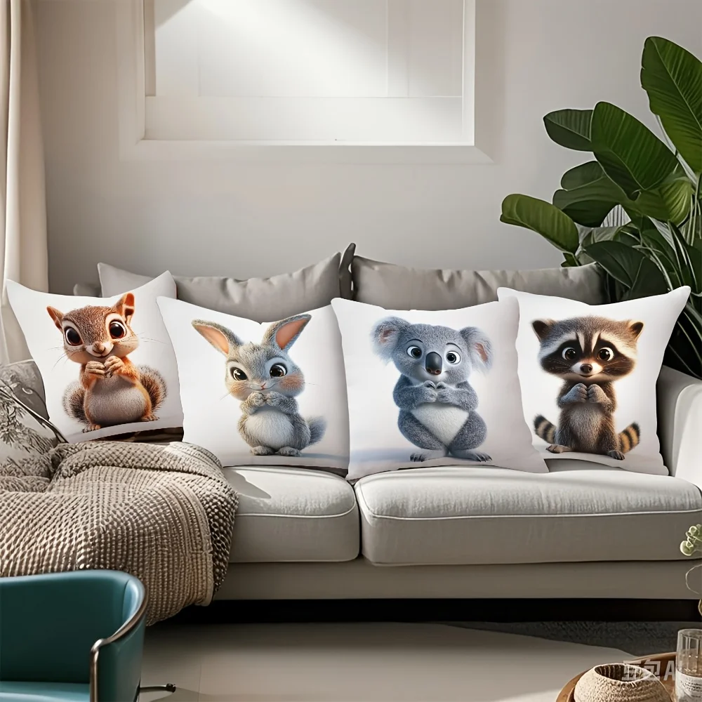 4pcs Cute Woodland Animal Throw Pillow Covers, Cartoon Squirrel Rabbit Koala Raccoon Print Cushion Cases, Kids Room Decor