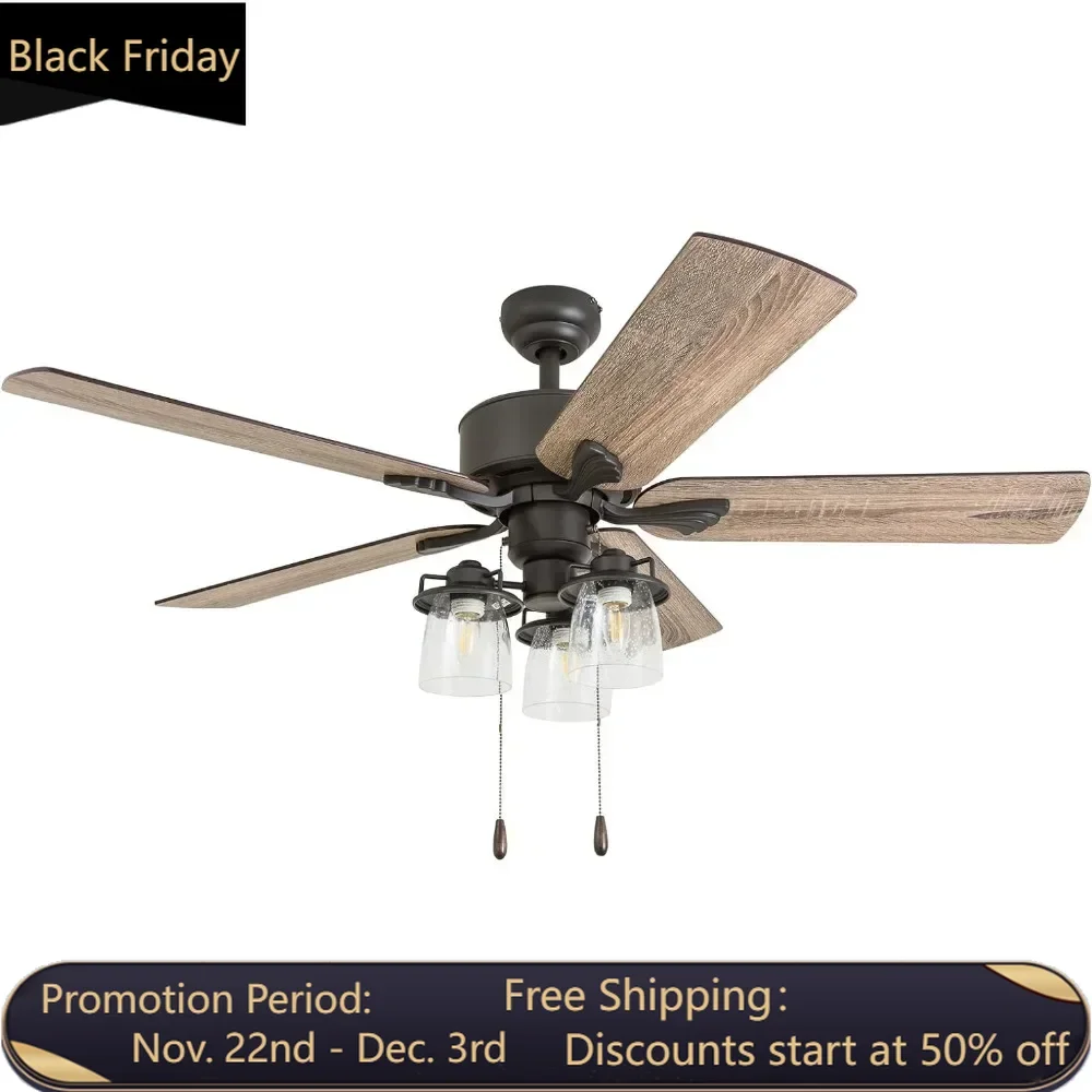 2-inch farmhouse LED ceiling fan with light, zipper, three installation options, 5 reversible motors with dual facing blades