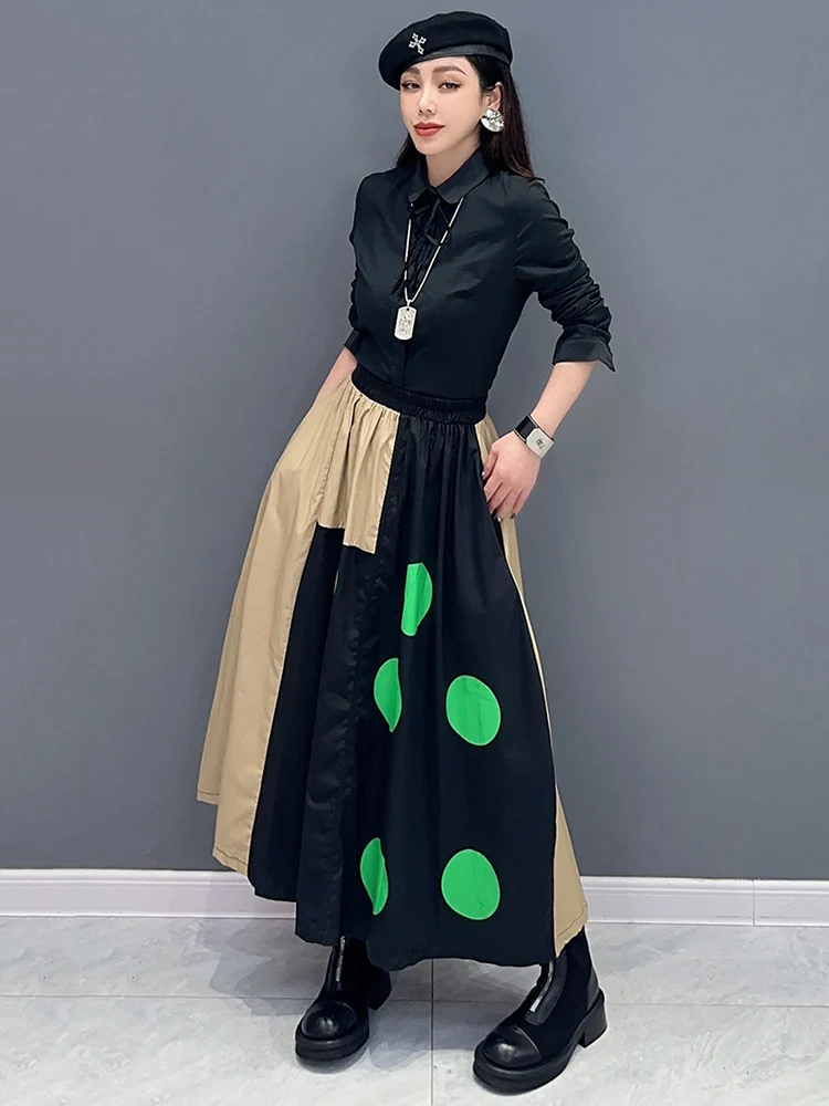 SHENGPALAE Dot Printed Skirt For Women Patchwork Contrast Color Elegance Chic Elastic Waist A-line Skirts Spring 2024 New 5R9474