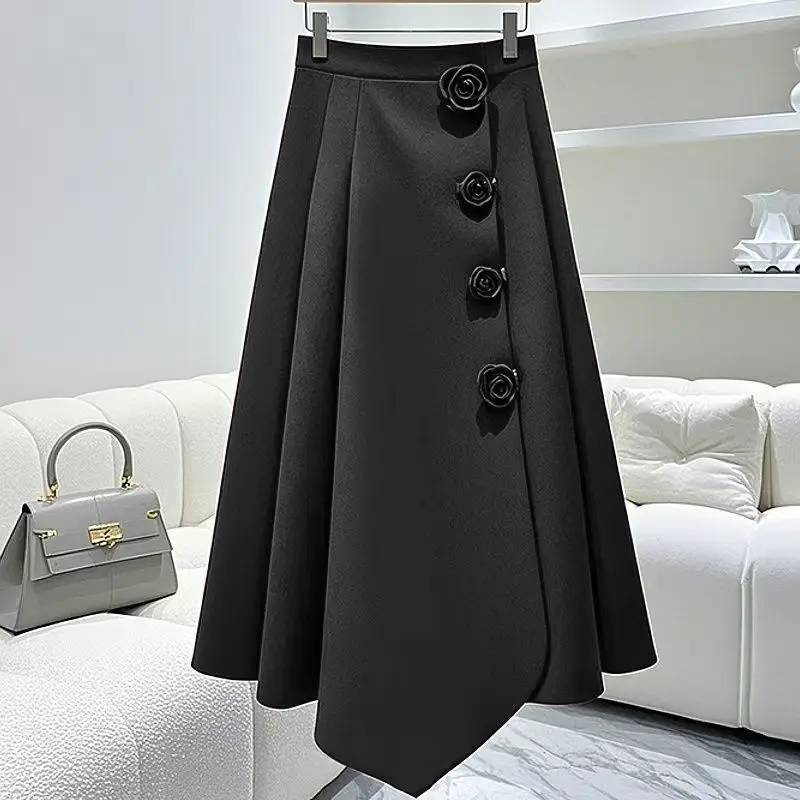 French Ankela Red Irregular Women's Half length Skirt 2024 Autumn/Winter High Waist Rose Design Sense A-line Skirt